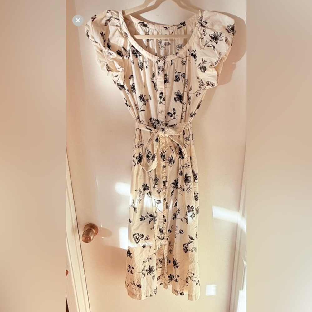 Kentucky Derby Dainty Floral Print Black + Cream Dress with Ruffled Sleeves - Picture 3 of 10